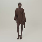 Mini Sahara Kaftan in Cocoa - Crepe cady laced-up plunge neckline short kaftan