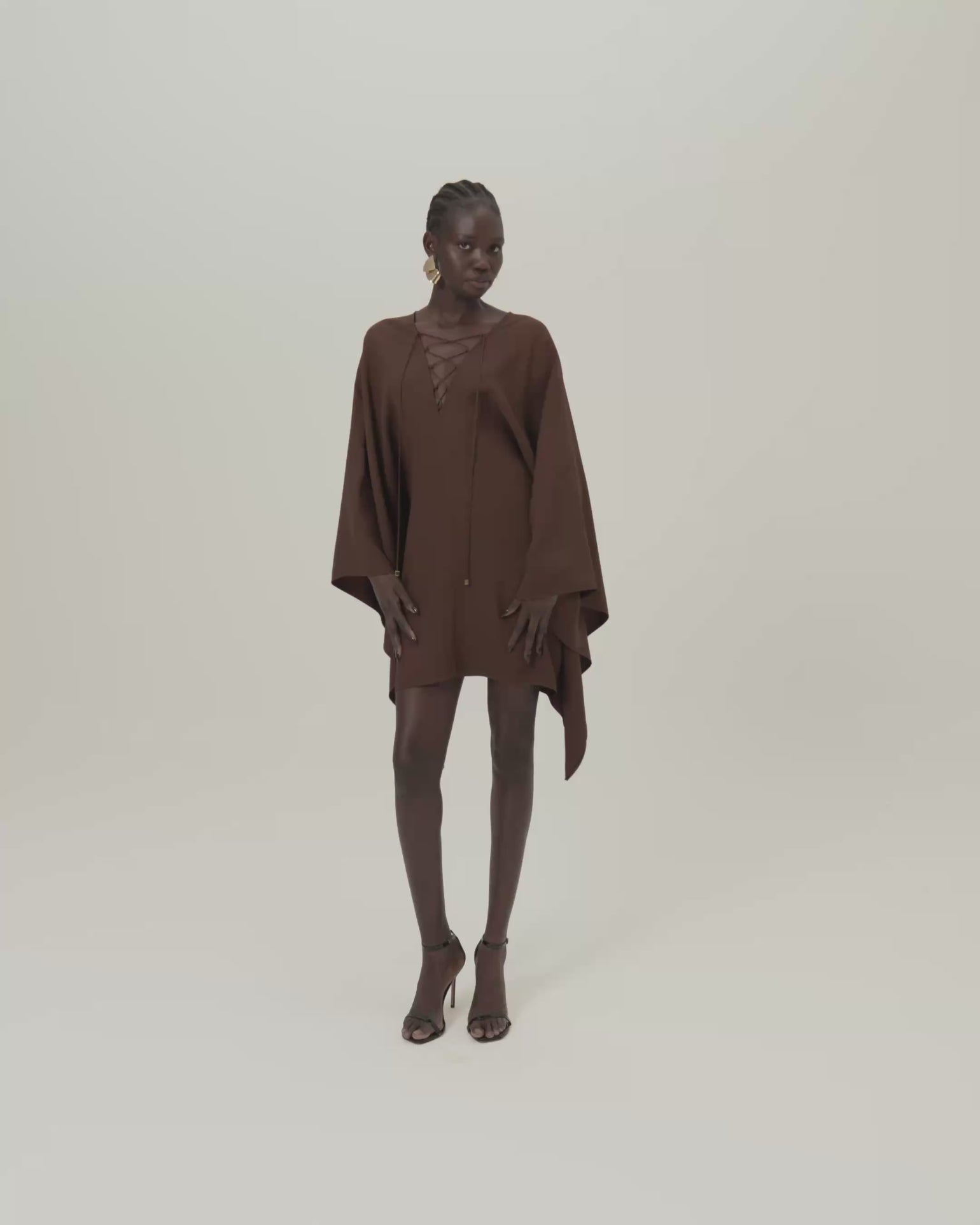 Mini Sahara Kaftan in Cocoa - Crepe cady laced-up plunge neckline short kaftan