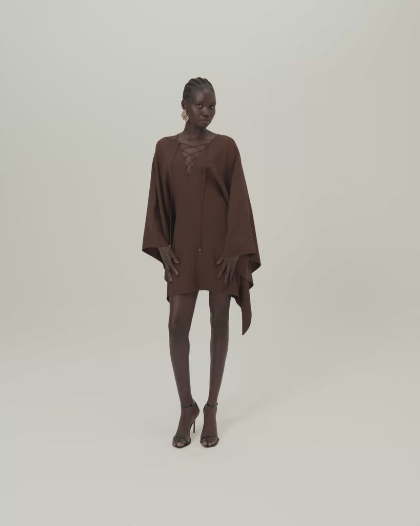 Mini Sahara Kaftan in Cocoa - Crepe cady laced-up plunge neckline short kaftan