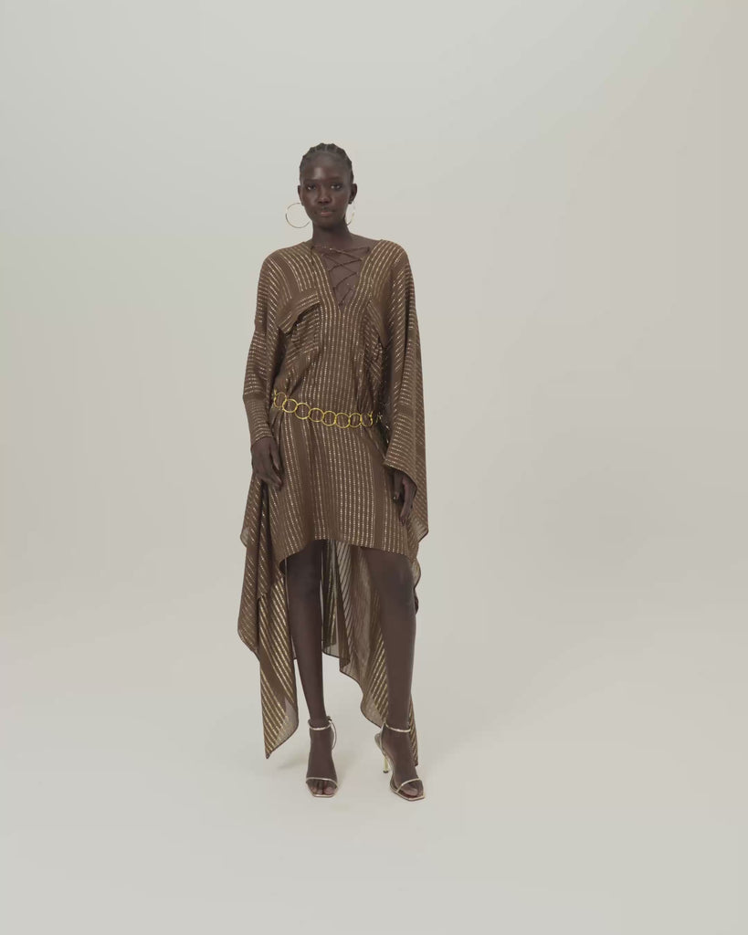 Mini Mojave Kaftan in Fume - Chiffon fil coupè high-low kaftan with laced-up neckline, pockets and dettachable chain belt