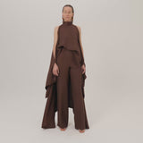 Agadez Blouse in Cocoa - Crepe cady high-neck cold-shoulders cape-effect blouse