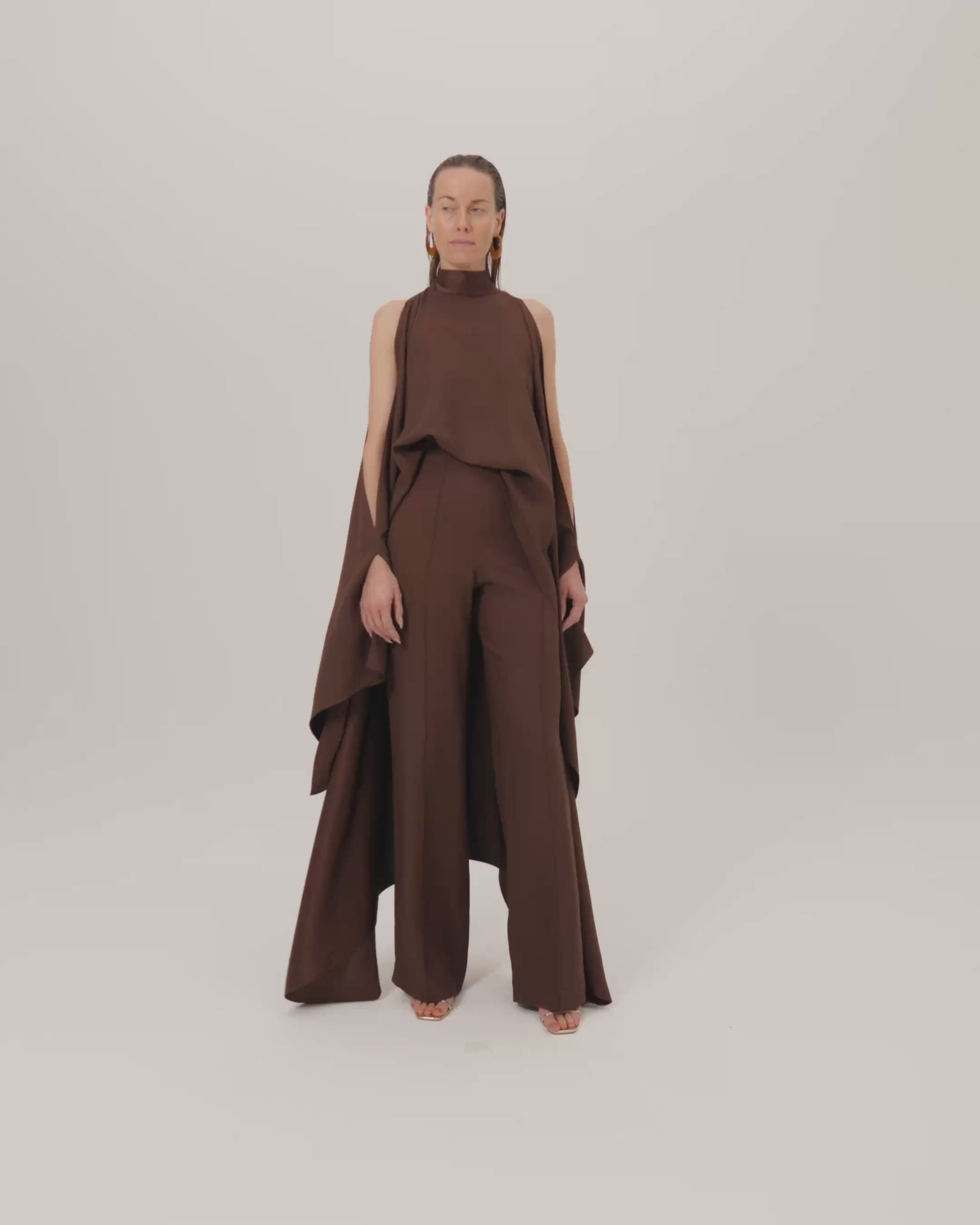 Agadez Blouse in Cocoa - Crepe cady high-neck cold-shoulders cape-effect blouse