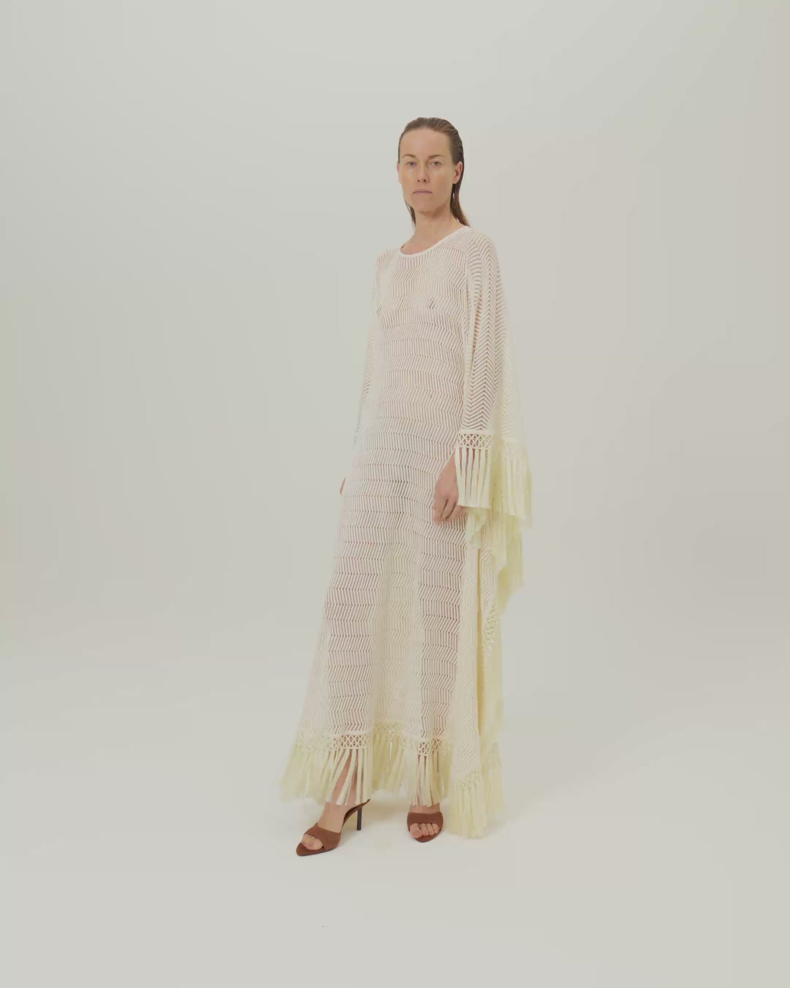 Santa Fe Kaftan in Ivory - Knit fringed maxi dress