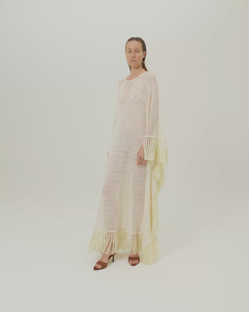 Santa Fe Kaftan in Ivory - Knit fringed maxi dress