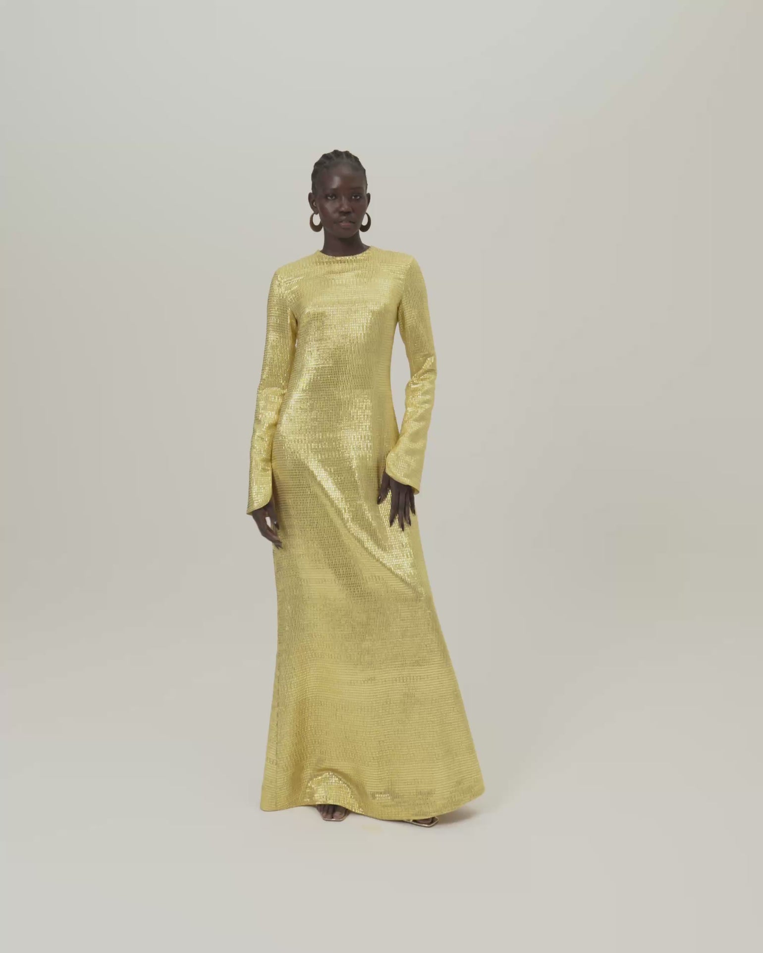 Sonora Dress in Antique Gold - Tree-dimensional lurex fil coupè long sleeved maxi dress