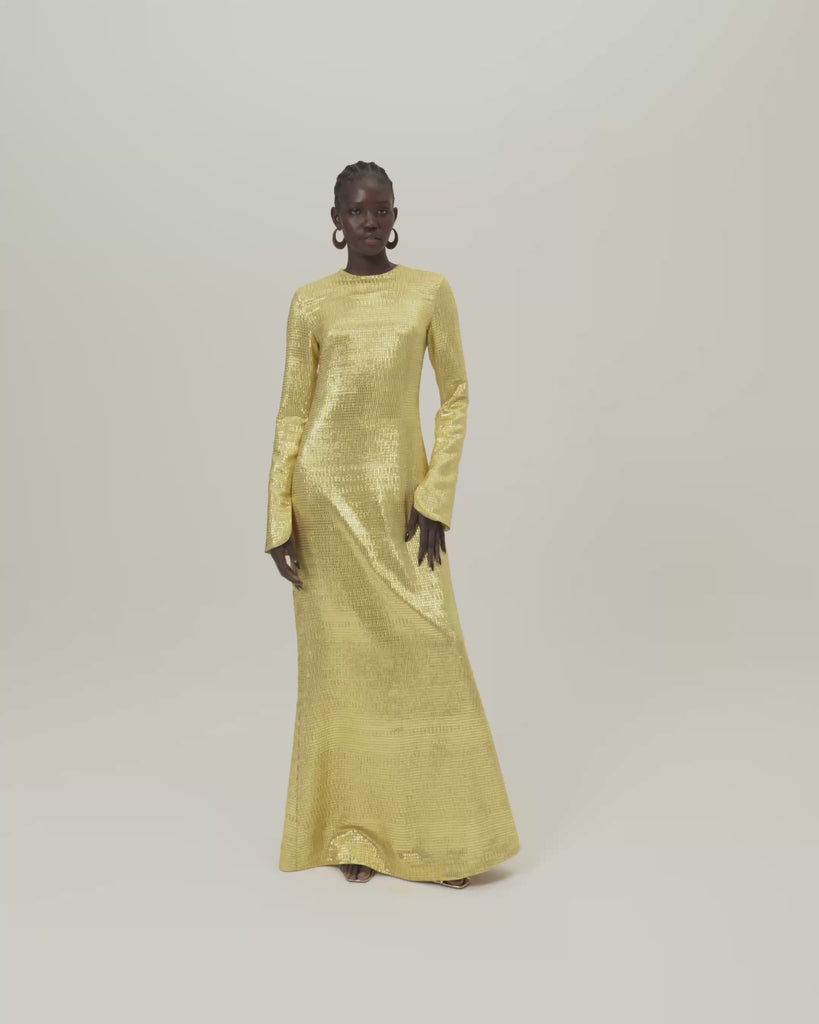 Sonora Dress in Antique Gold - Tree-dimensional lurex fil coupè long sleeved maxi dress