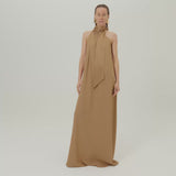 Astor Dress in Camel - Crepe cady gathered one shoulder maxi dress with scarf