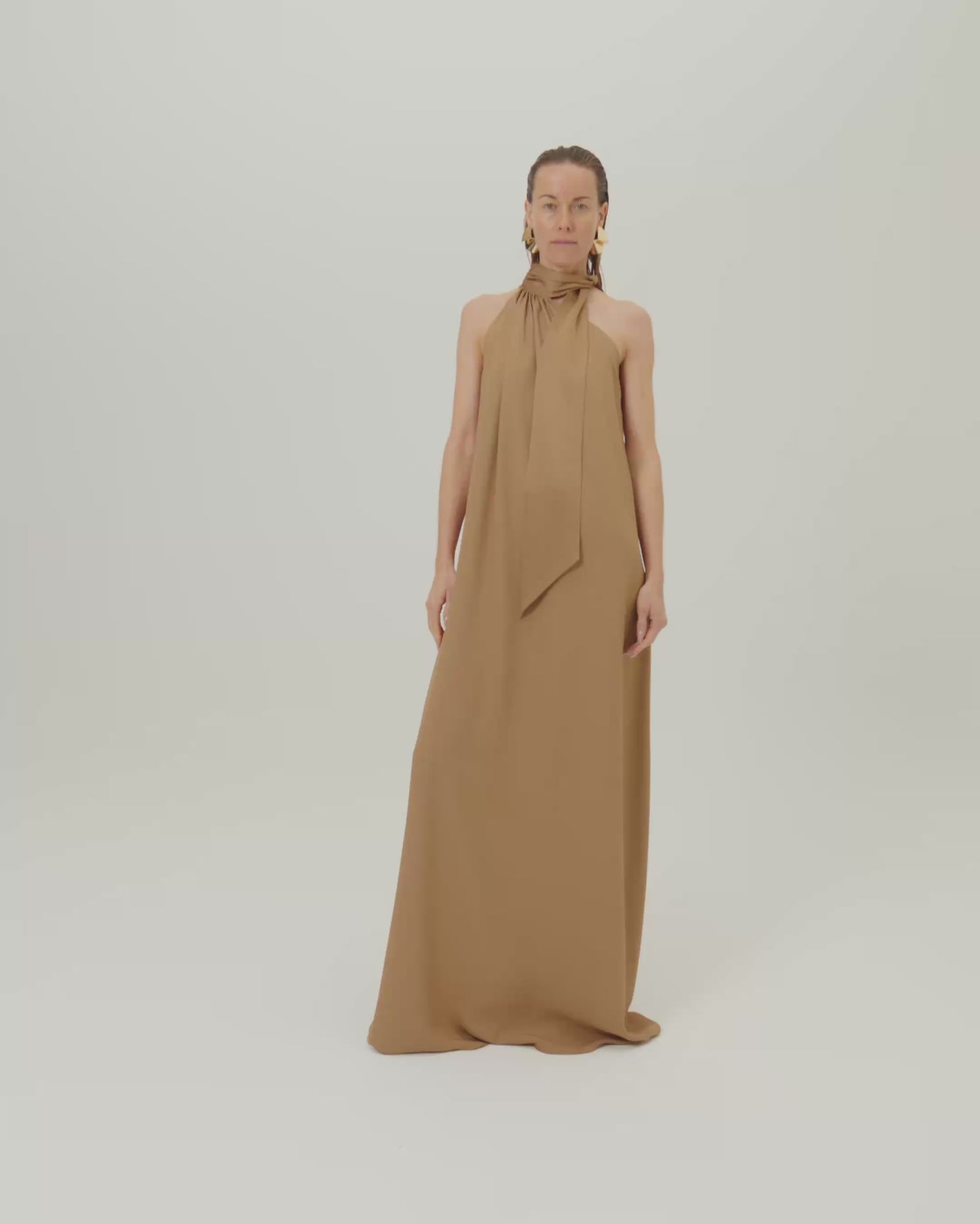 Astor Dress in Camel - Crepe cady gathered one shoulder maxi dress with scarf