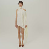 Mini Atlas Dress in Ivory - Crepe cady asymmetrical short dress with scarf 