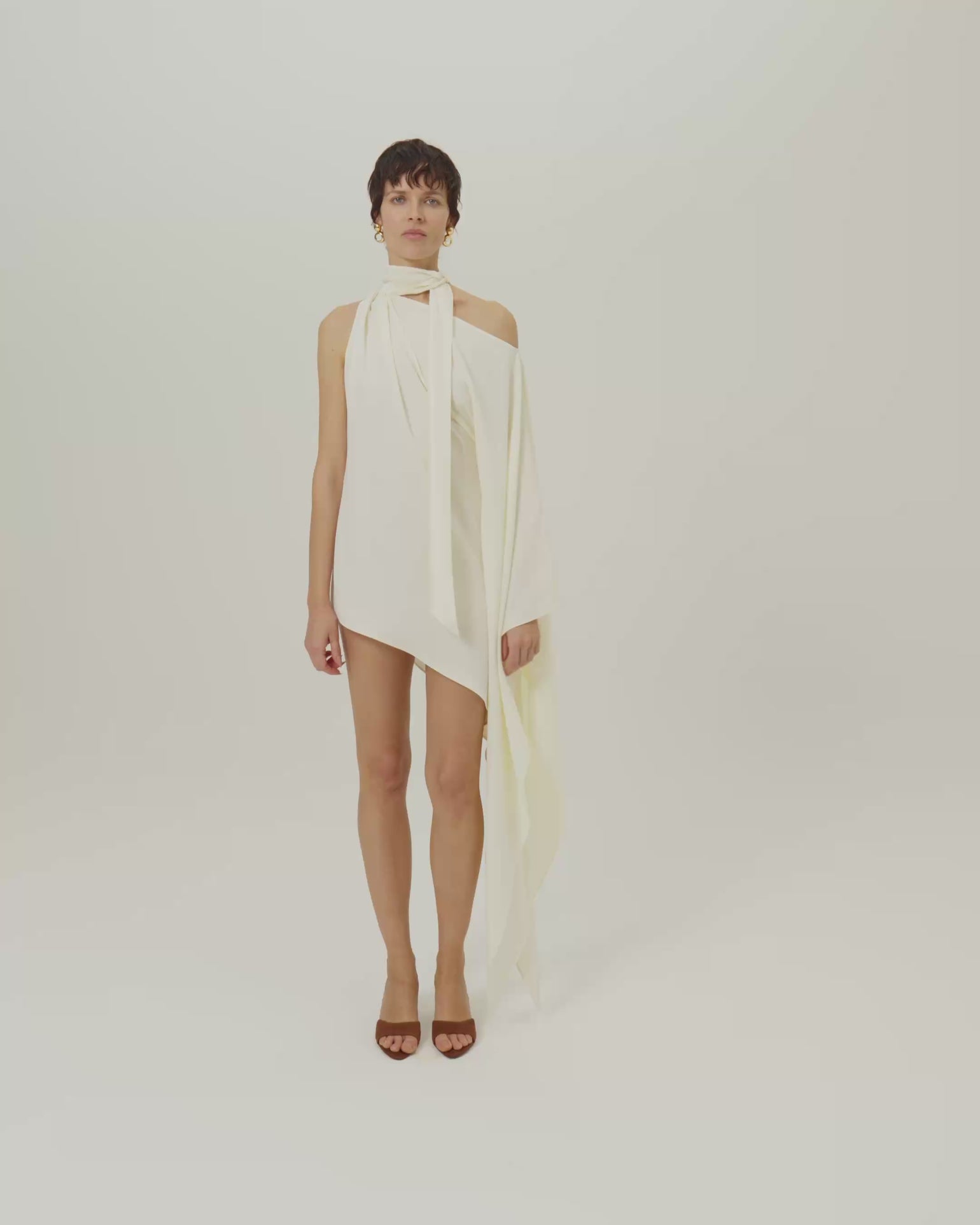 Mini Atlas Dress in Ivory - Crepe cady asymmetrical short dress with scarf 