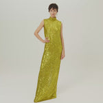 Miami Disco Dress in Chartreuse - Sequined high neck column dress