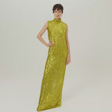 Miami Disco Dress in Chartreuse - Sequined high neck column dress