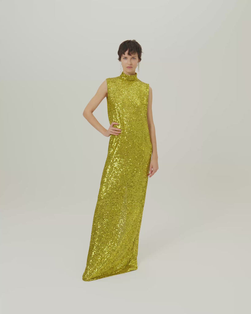 Miami Disco Dress in Chartreuse - Sequined high neck column dress