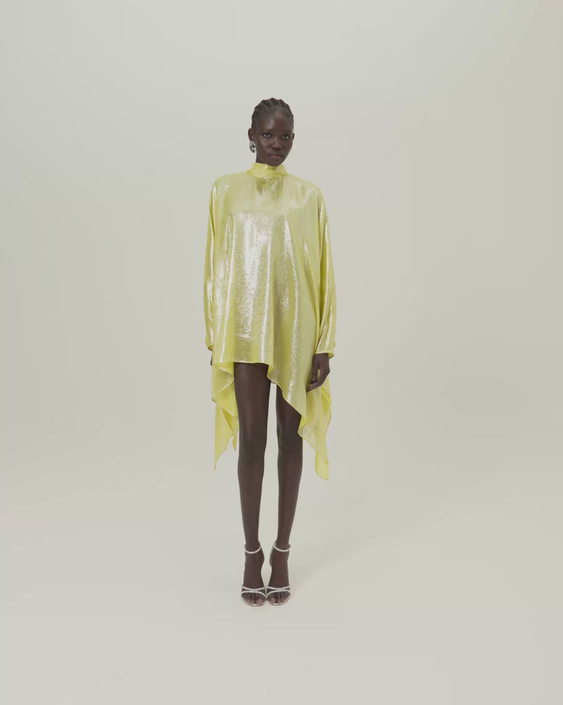 Wadi Kaftan in Acid Yellow - Lightweight lamè mini kaftan with cuffs