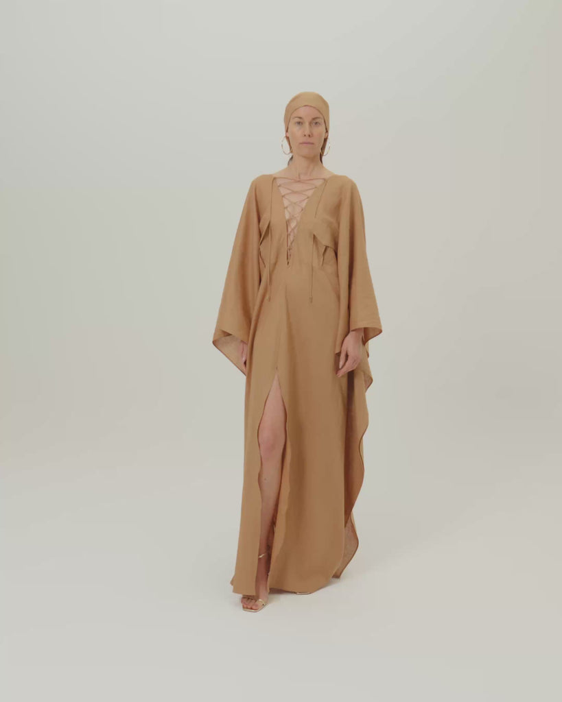 Bonny Headscarf in Camel-Ivory - Linen fringed headscarf