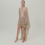Fringed Trebbia Disco Kaftan in White Sand - Sequined net one shoulder dress with scarf