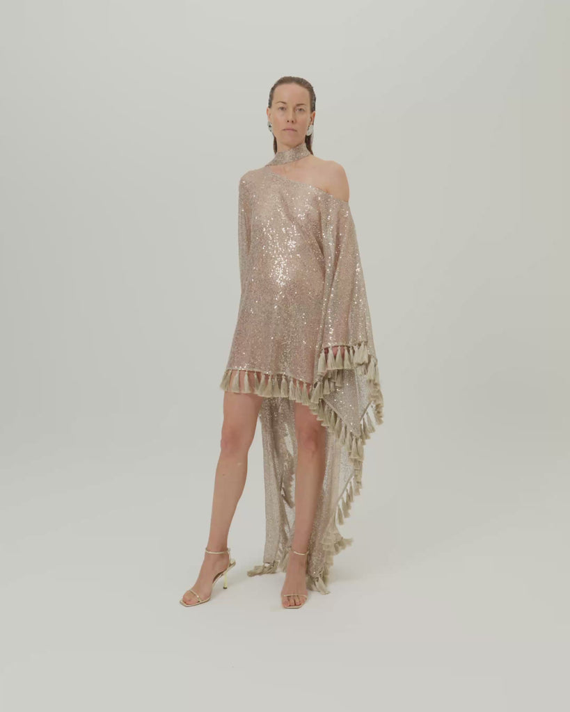 Fringed Trebbia Disco Kaftan in White Sand - Sequined net one shoulder dress with scarf