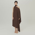 Atlas Dress in Cocoa - Crepe cady asymmetrical ankle-lenght dress with scarf 