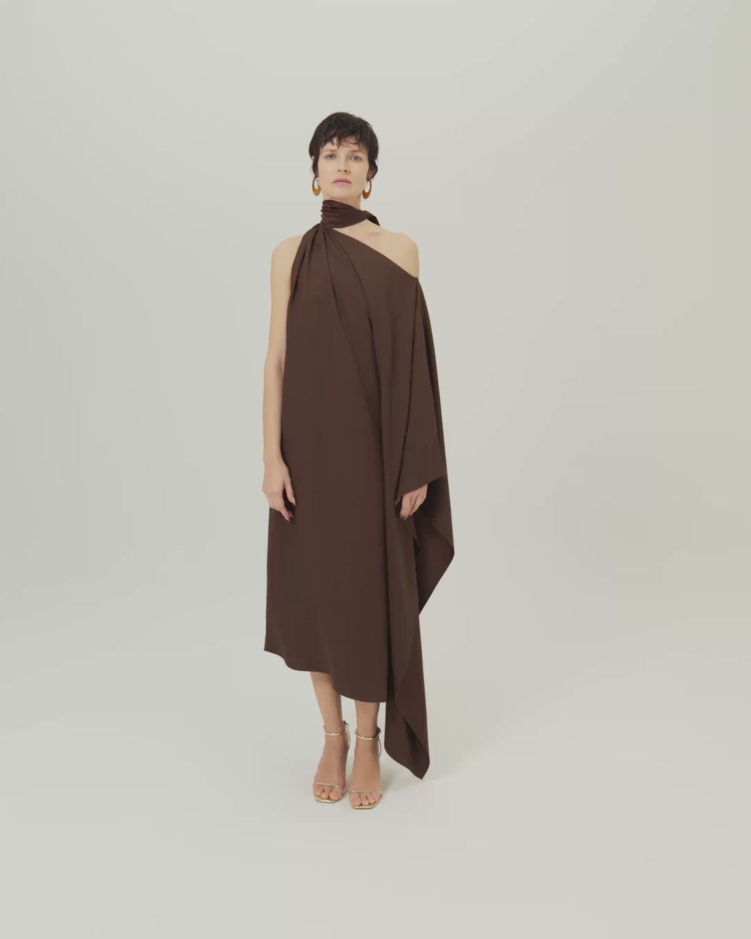 Atlas Dress in Cocoa - Crepe cady asymmetrical ankle-lenght dress with scarf 
