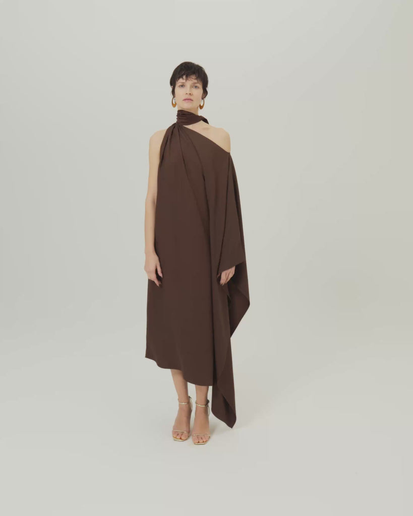 Atlas Dress in Cocoa - Crepe cady asymmetrical ankle-lenght dress with scarf 