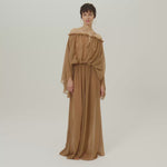 Ouarzazate Dress in Camel - Crepe chiffon off-shoulders maxi see-through dress
