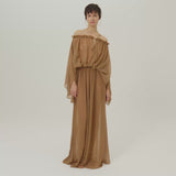 Ouarzazate Dress in Camel - Crepe chiffon off-shoulders maxi see-through dress