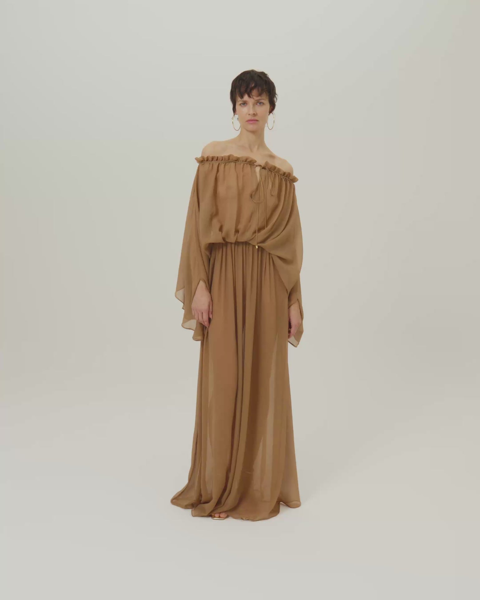 Ouarzazate Dress in Camel - Crepe chiffon off-shoulders maxi see-through dress