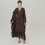 Empty Quarter Kaftan in Chocolate - Linen laced-up fringed maxi kaftan