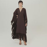 Empty Quarter Kaftan in Chocolate - Linen laced-up fringed maxi kaftan