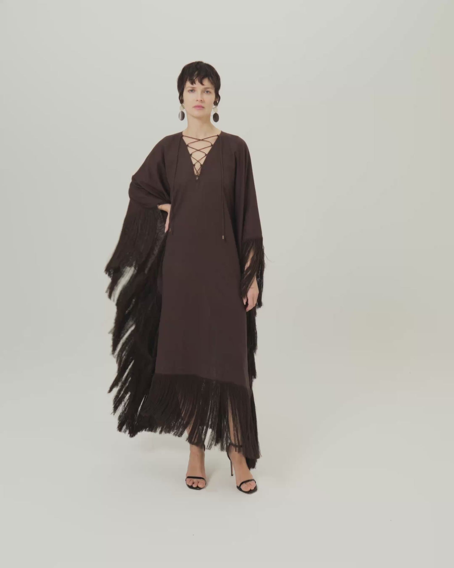 Empty Quarter Kaftan in Chocolate - Linen laced-up fringed maxi kaftan