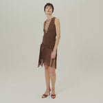 Sahara Swimsuit in Fume - Laced-up plunge neckline swimsuit and dettached fringed-trimmed mini pareo set