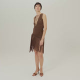 Sahara Swimsuit in Fume - Laced-up plunge neckline swimsuit and dettached fringed-trimmed mini pareo set