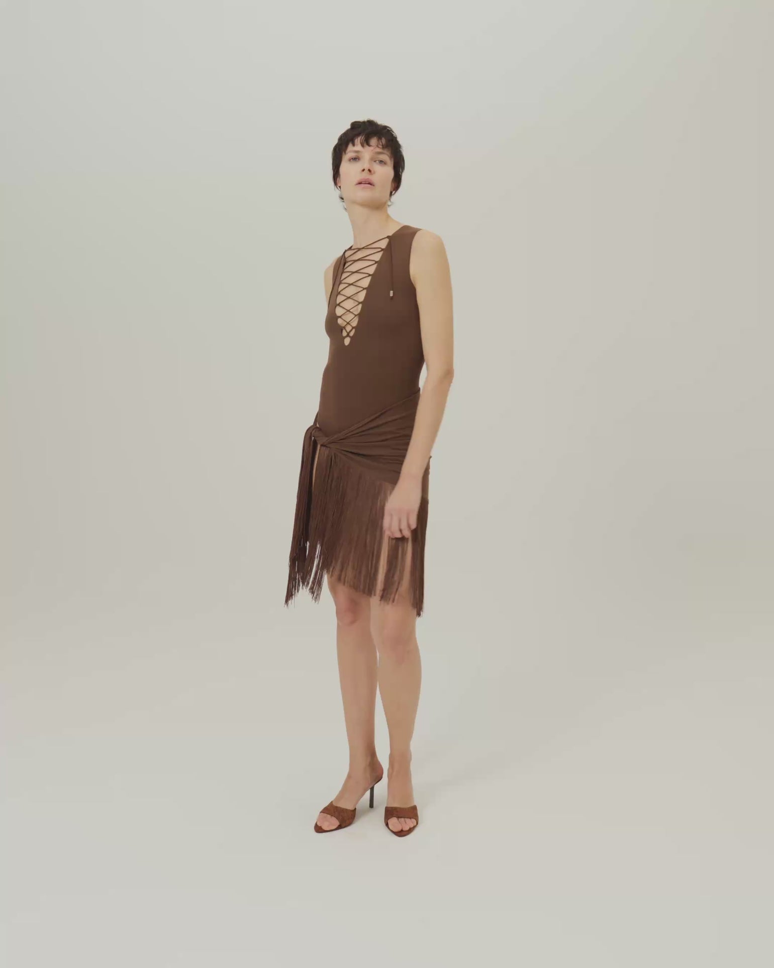Sahara Swimsuit in Fume - Laced-up plunge neckline swimsuit and dettached fringed-trimmed mini pareo set