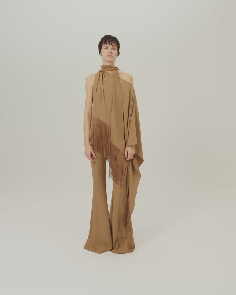 Fringed Atlas Blouse in Camel - Crepe cady asymmetrical fringed blouse