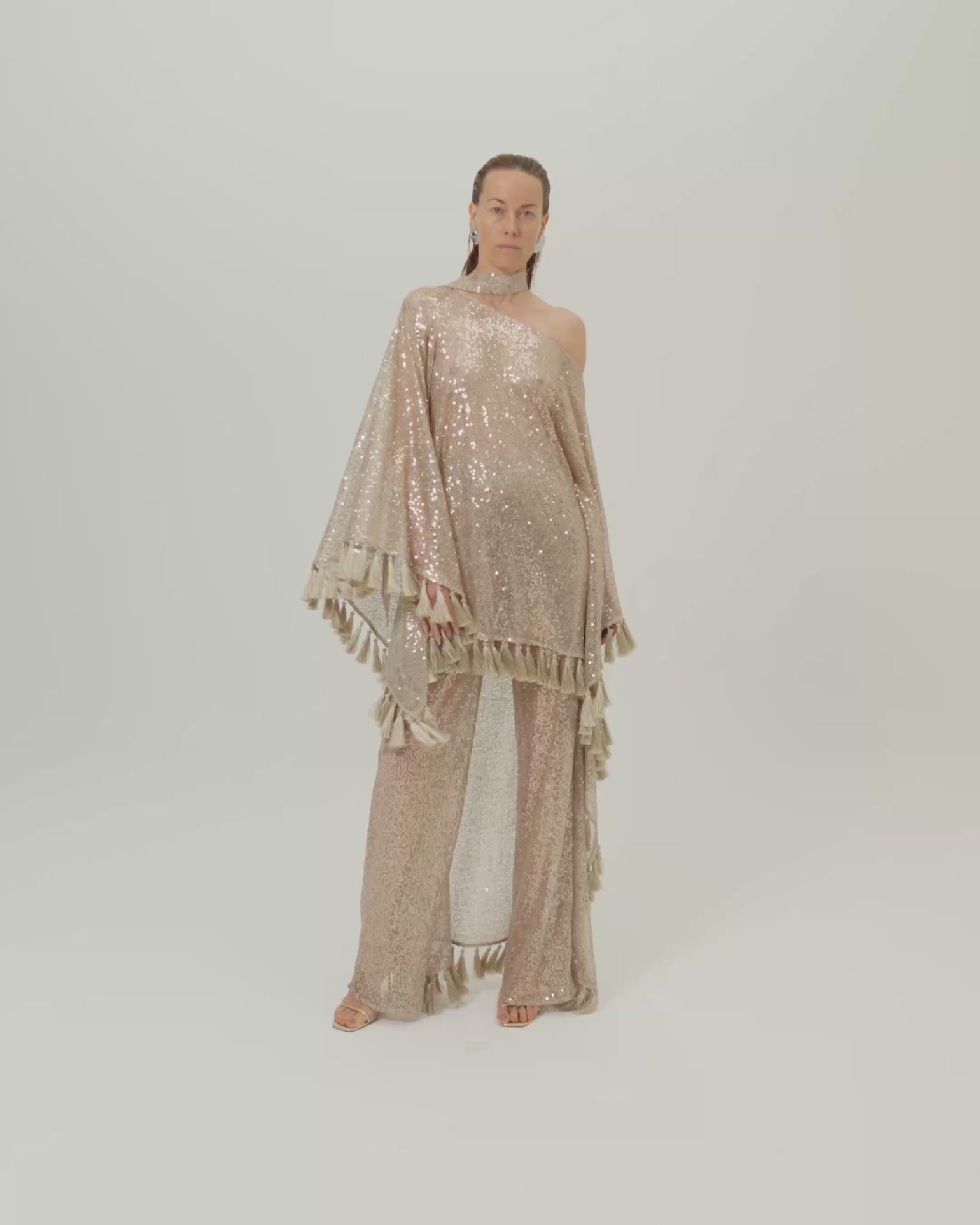 Marlene Disco Pants in White Sand - Sequined net palazzo pants 