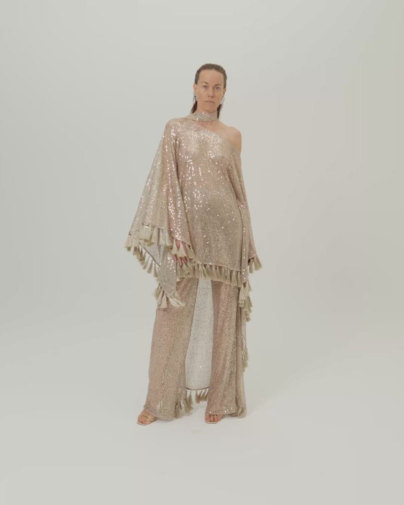 Marlene Disco Pants in White Sand - Sequined net palazzo pants 