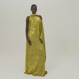 Atlas Disco Dress in Chartreuse - Sequined asymmetrical floor-lenght dress with scarf 