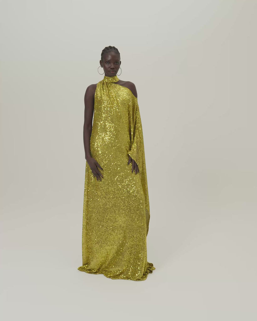 Atlas Disco Dress in Chartreuse - Sequined asymmetrical floor-lenght dress with scarf 