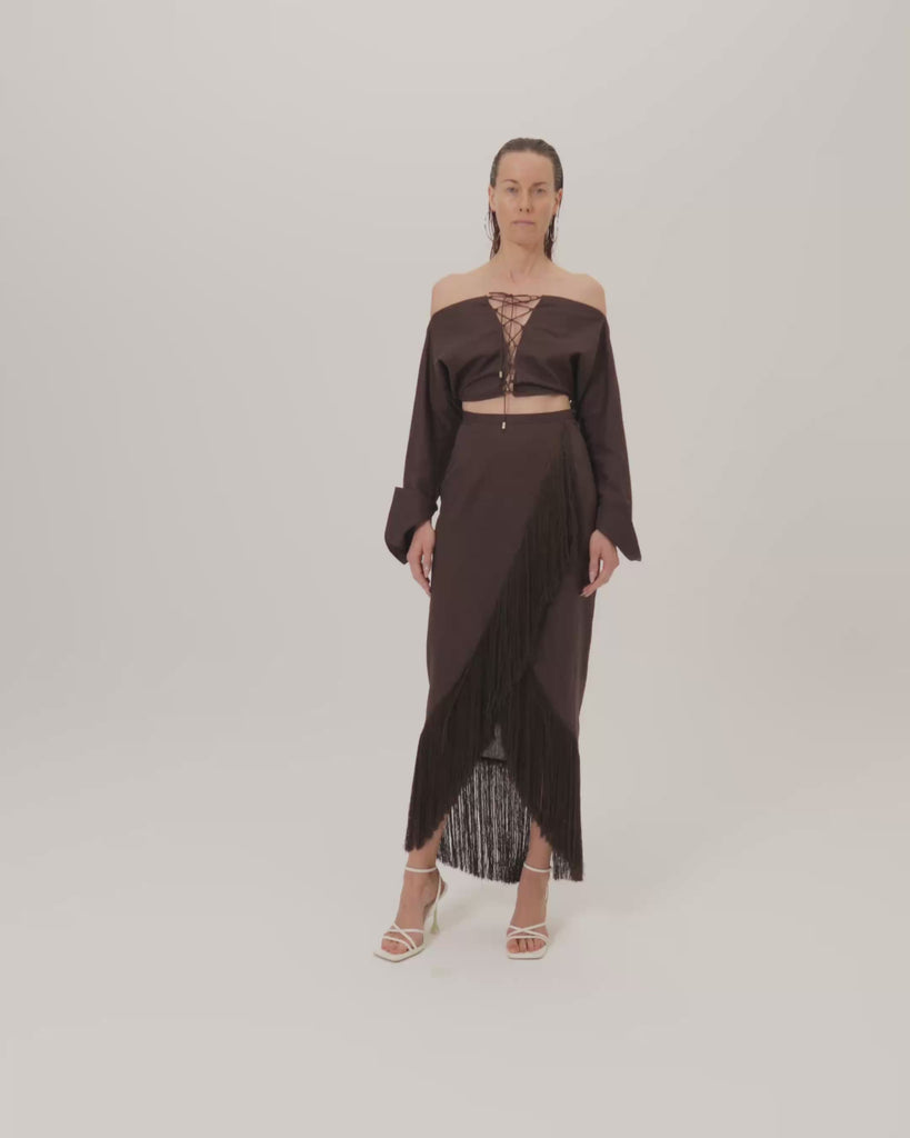 Mila Desert Blouse in Chocolate - Linen laced-up dolman sleeve cropped blouse