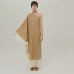 Andes Dress in Camel-Ivory - Linen one shoulder contrast fringe-trimmed dress 