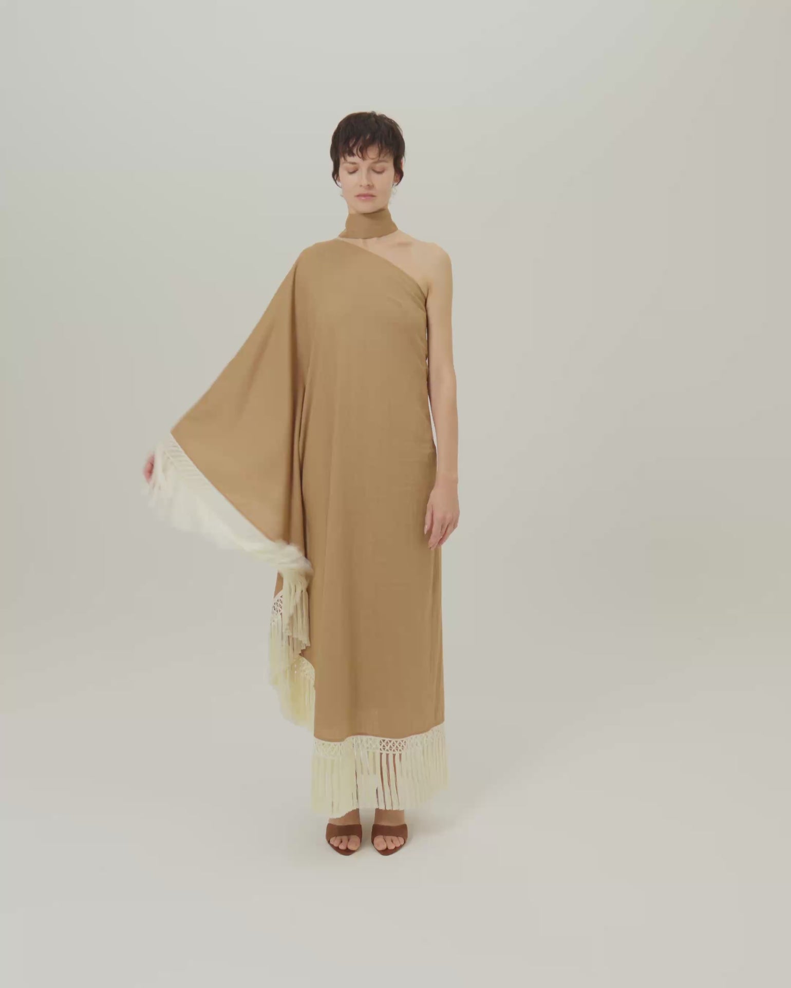 Andes Dress in Camel-Ivory - Linen one shoulder contrast fringe-trimmed dress 