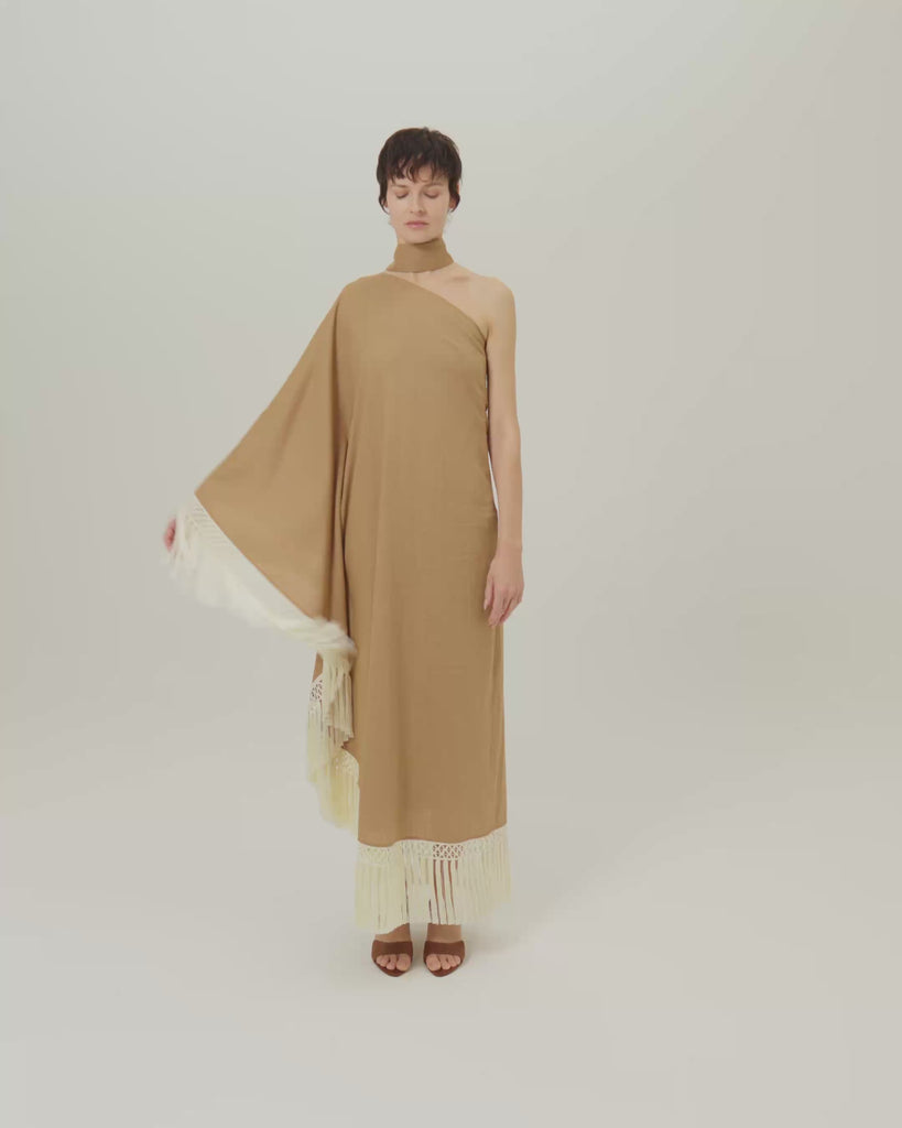 Andes Dress in Camel-Ivory - Linen one shoulder contrast fringe-trimmed dress 