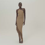 Antelope Dress in Camel - Crepe cady asymmetrical fringed hem dress