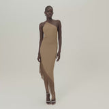 Antelope Dress in Camel - Crepe cady asymmetrical fringed hem dress