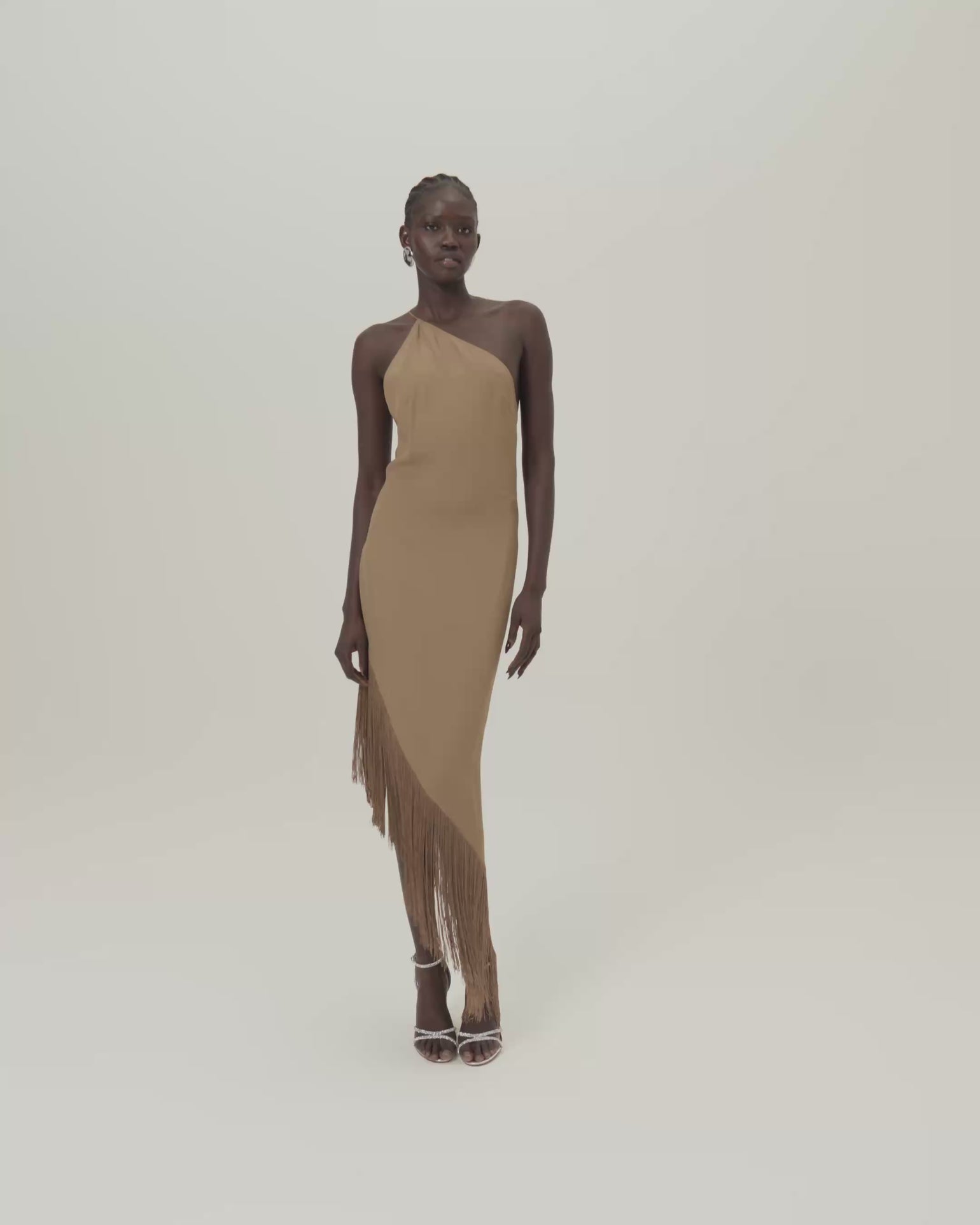 Antelope Dress in Camel - Crepe cady asymmetrical fringed hem dress