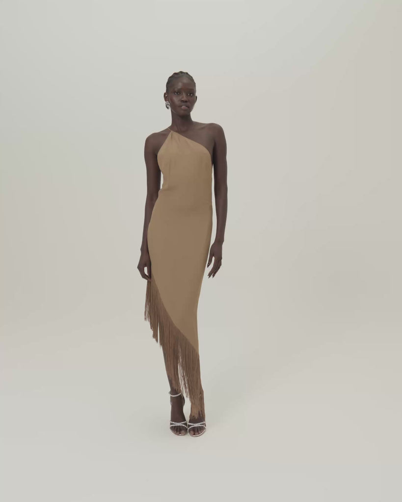 Antelope Dress in Camel - Crepe cady asymmetrical fringed hem dress