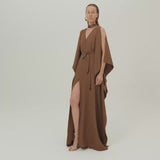 Arizona Kaftan in Fume - Crepe cady belted kaftan with open sleeves, V neckline and frontal slits