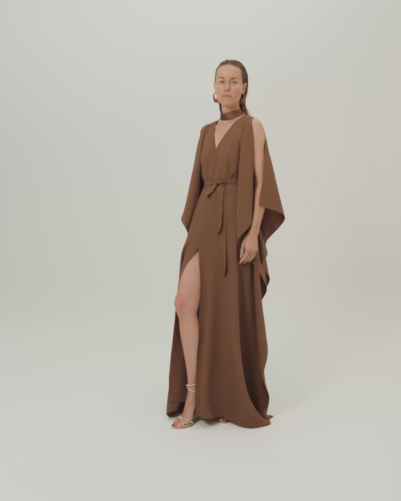 Arizona Kaftan in Fume - Crepe cady belted kaftan with open sleeves, V neckline and frontal slits