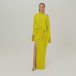 Brooks Dress in Acid Yellow - Crepe cady cold shoulder blouson dress with slit