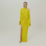 Brooks Dress in Acid Yellow - Crepe cady cold shoulder blouson dress with slit